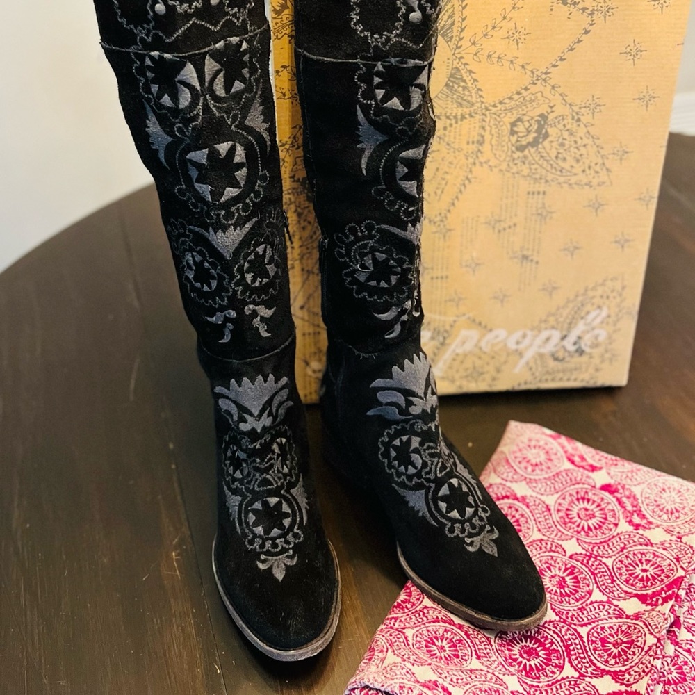 Free People Black Embroidered Suede Knee-High Heeled Boots